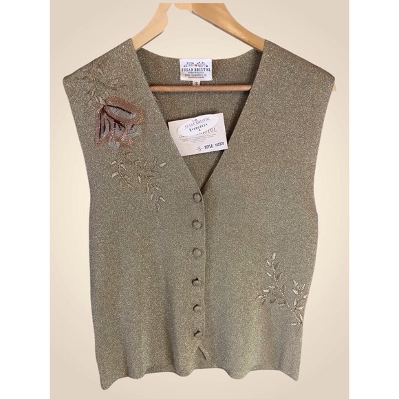 Susan Bristol Sweaters - NWT Vintage 90s Susan Bristol Vest‎ Size Small Floral Embroidered Gold Shimmer